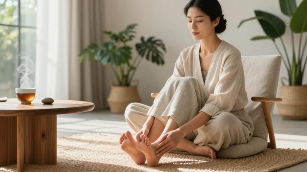Mujer con expresión tranquila practica una técnica de conexión sensorial al sentarse con los ojos cerrados en una sala luminosa y minimalista.