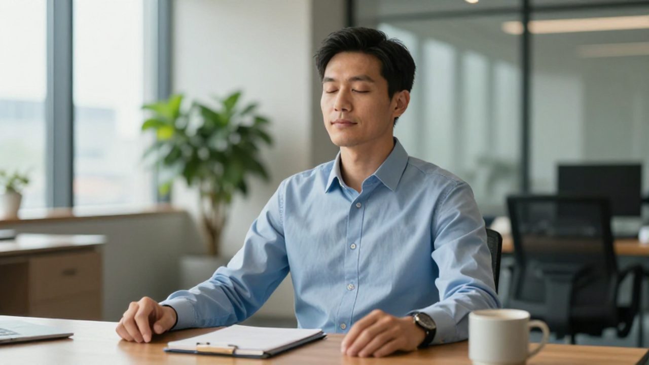 Un hombre profesional con los ojos cerrados practica un momento de calma y visualización mental sentado en su escritorio en una oficina iluminada.