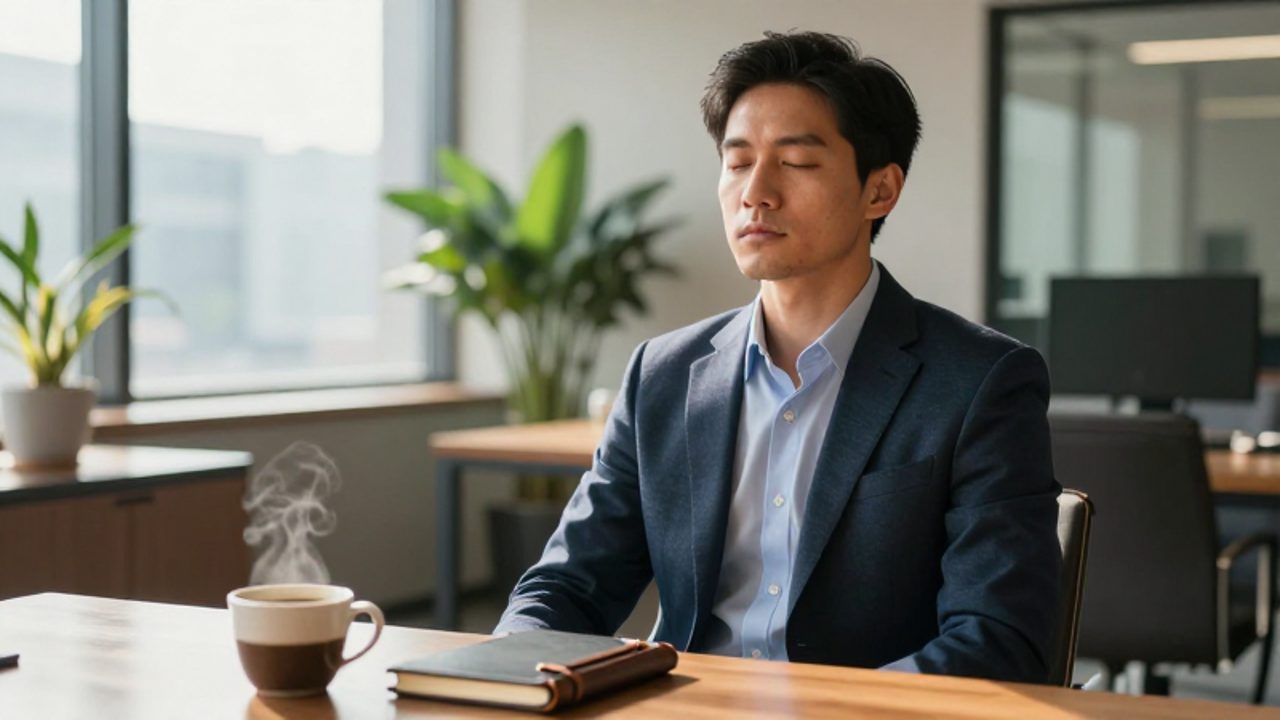Hombre en una oficina moderna con los ojos cerrados, practicando la respiración consciente para ganar claridad mental antes de una reunión.
