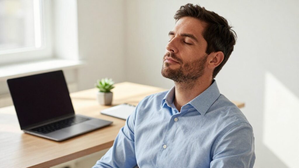 Hombre profesional sentado en su escritorio de oficina en casa con los ojos cerrados, practicando respiración consciente para concentrarse antes de una reunión.