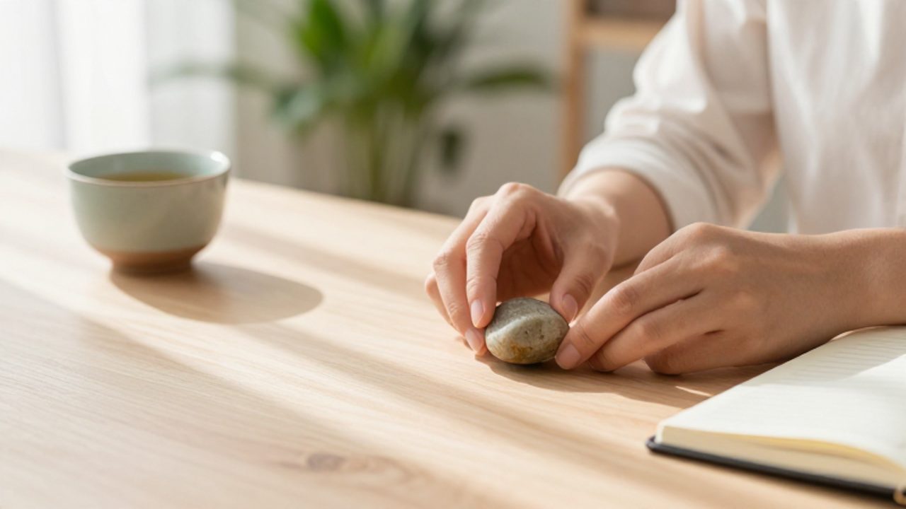 Unas manos colocan con cuidado una piedra pequeña sobre una mesa de madera junto a un cuaderno y una taza de té en un entorno de oficina luminoso y tranquilo.