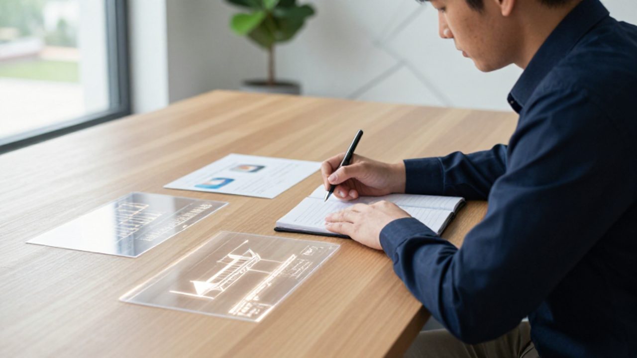 Persona concentrada analizando diagramas de datos y gráficos sobre un escritorio en una oficina moderna.
