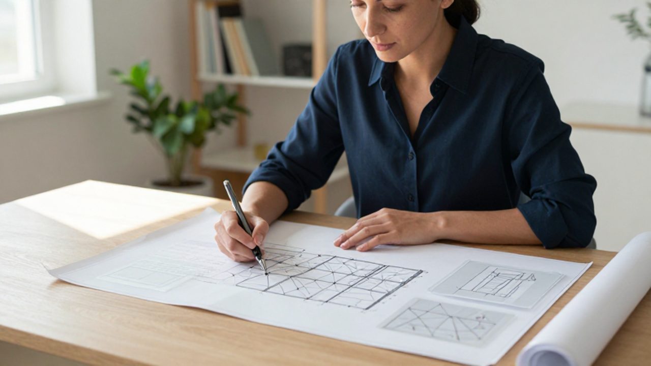 Mujer profesional analizando datos en planos y gráficos geométricos sobre un escritorio para tomar decisiones de forma sistemática.