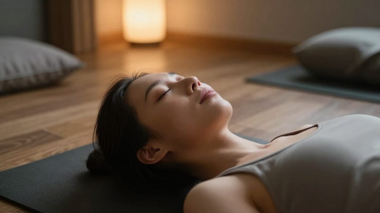 Persona con los ojos cerrados y expresión de concentración profunda mientras practica respiración sobre un mat de yoga en un estudio de bienestar.