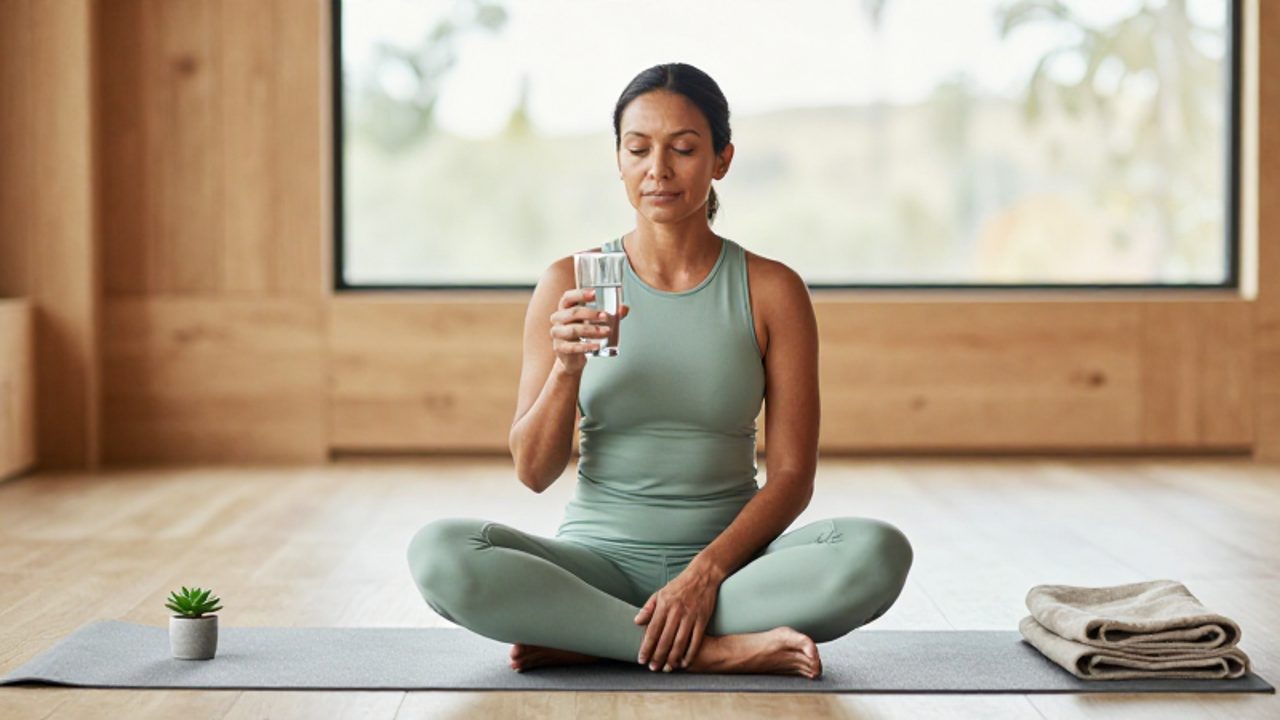 Persona sentada en una esterilla de yoga en un estudio iluminado, con expresión calmada y sosteniendo un vaso de agua tras una sesión de respiración.