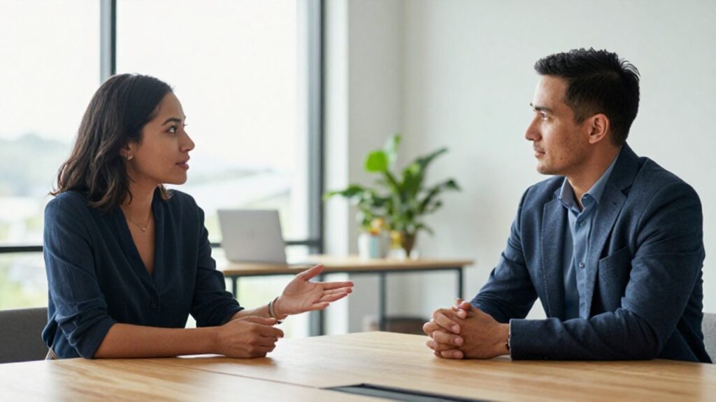 Un hombre y una mujer mantienen una conversación tranquila y equilibrada en una oficina moderna, mostrando gestos de escucha activa y comunicación asertiva.
