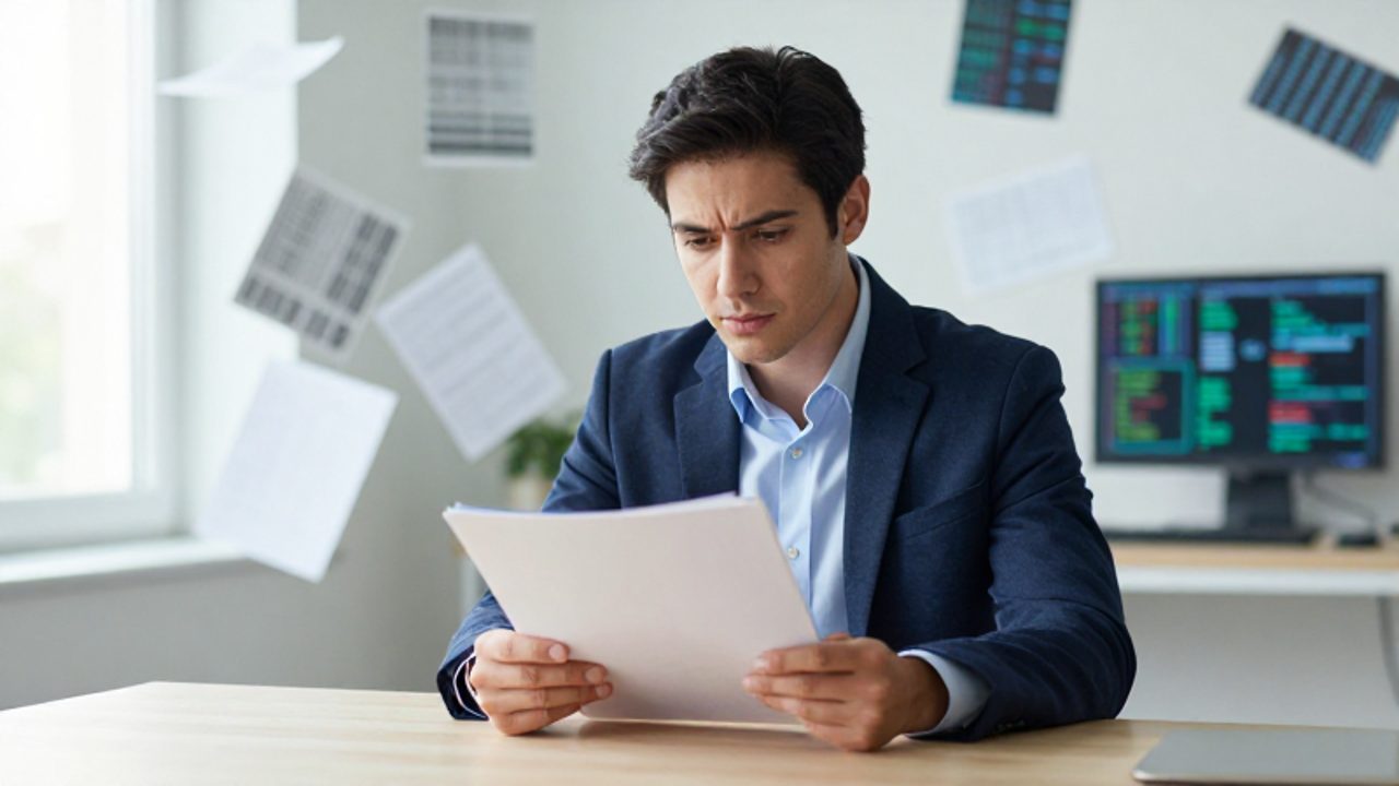 Una persona con expresión concentrada estudia un único expediente frente a un fondo difuso de papeles y datos digitales que simbolizan la sobrecarga de información.