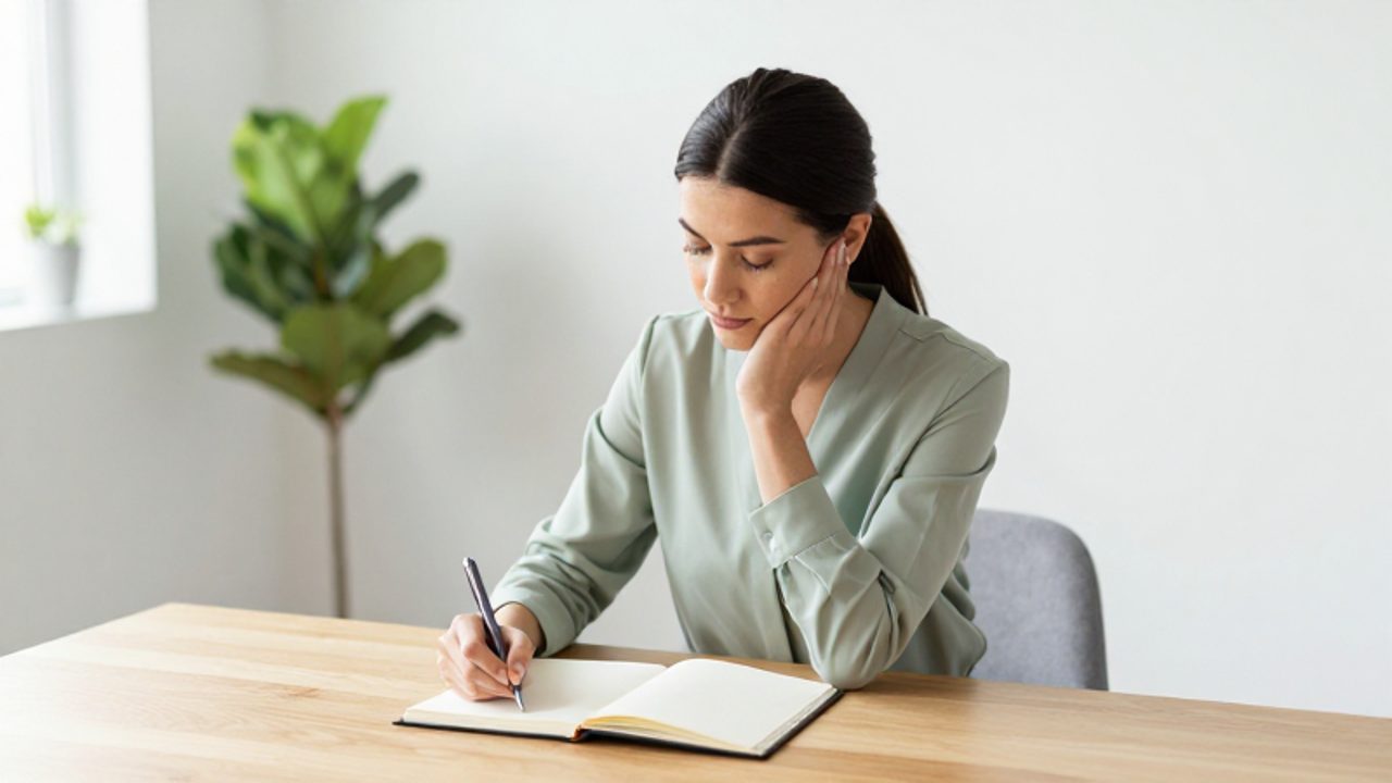 Mujer profesional sentada frente a un escritorio despejado en una oficina iluminada, con expresión serena y lista para escribir en su cuaderno.