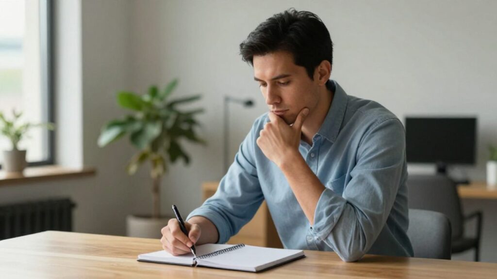Hombre en un escritorio de oficina moderno que mira con expresión reflexiva y concentrada un cuaderno y un bolígrafo.