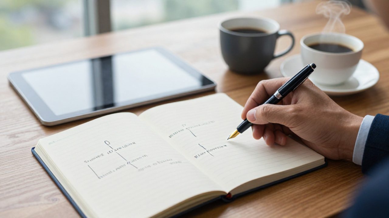 Una mano escribe opciones estratégicas en un cuaderno sobre un escritorio organizado, sugiriendo un proceso de planificación y toma de decisiones.