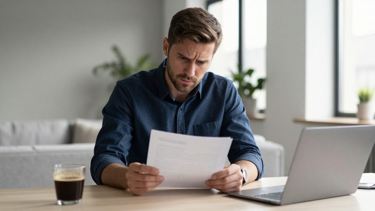 Un hombre preocupado observa intensamente un documento sobre su escritorio en una oficina iluminada, reflejando tensión y sobrepensamiento.