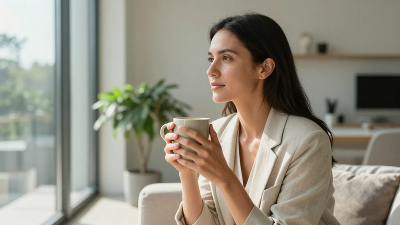 Mujer con expresión serena sentada en una sala iluminada, sosteniendo una taza y mirando por la ventana en un momento de tranquilidad.