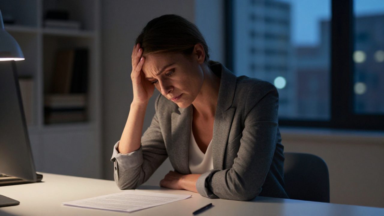 Mujer sentada en un escritorio con expresión de fatiga mental y cansancio mientras contempla un documento en un entorno de oficina moderno.