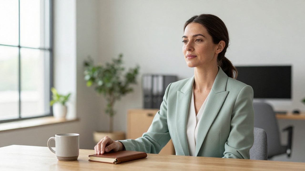 Mujer profesional con expresión serena sentada en un escritorio minimalista y luminoso, transmitiendo calma y estabilidad interna.