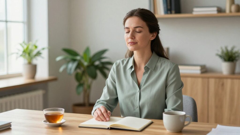 Mujer sentada en un escritorio luminoso realizando una respiración profunda para practicar la reflexión y la calma mental.