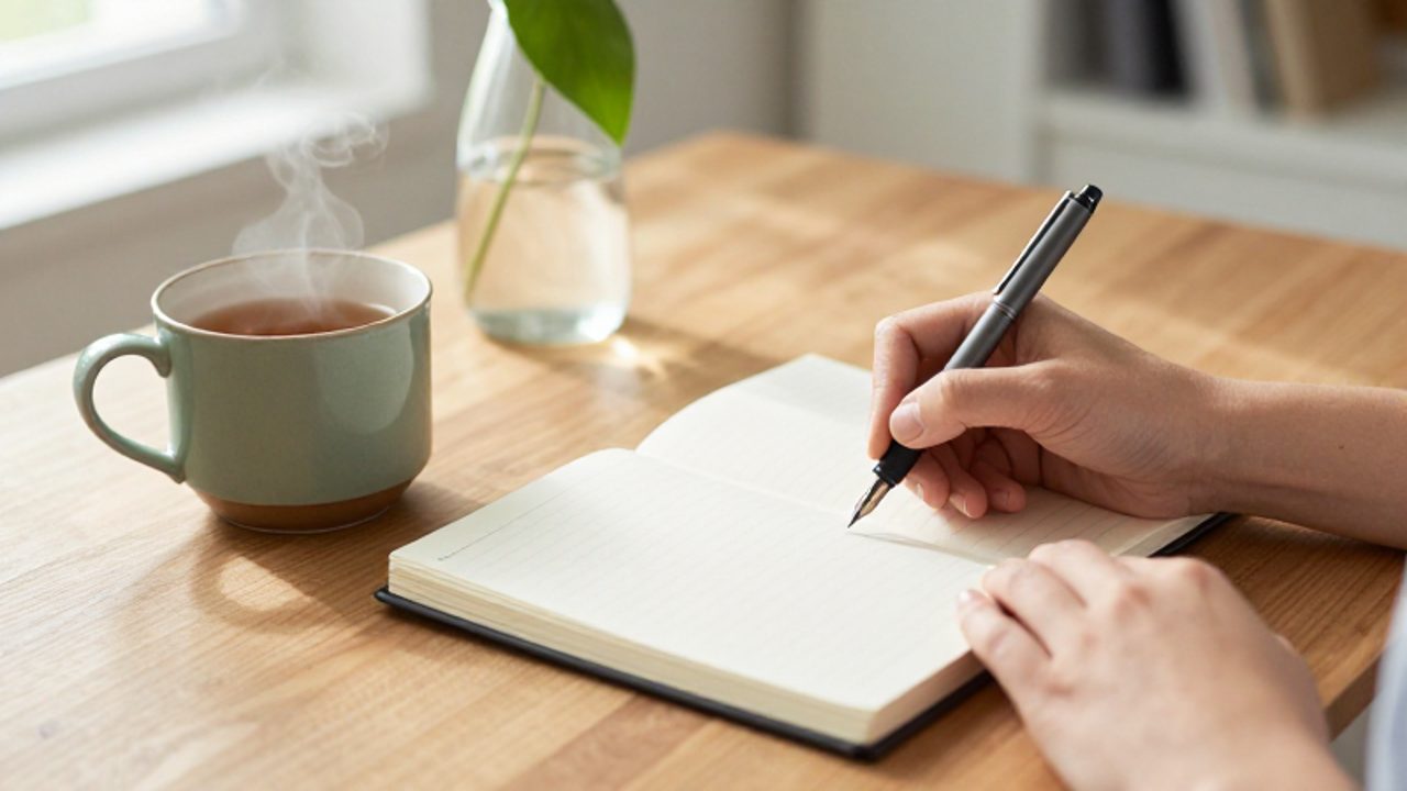 Manos escribiendo en un diario sobre un escritorio de madera junto a una taza de té, en un ambiente luminoso y tranquilo.