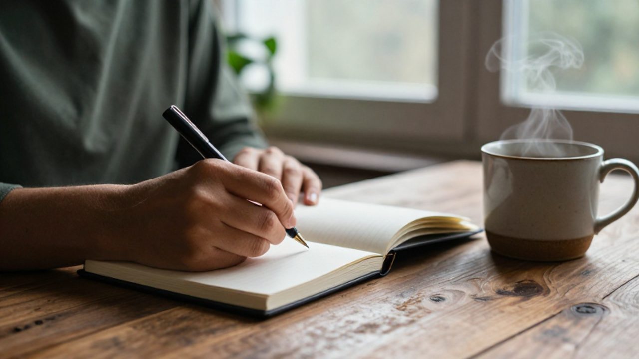 Manos escribiendo pausadamente en un diario sobre un escritorio de madera junto a una taza de té caliente.