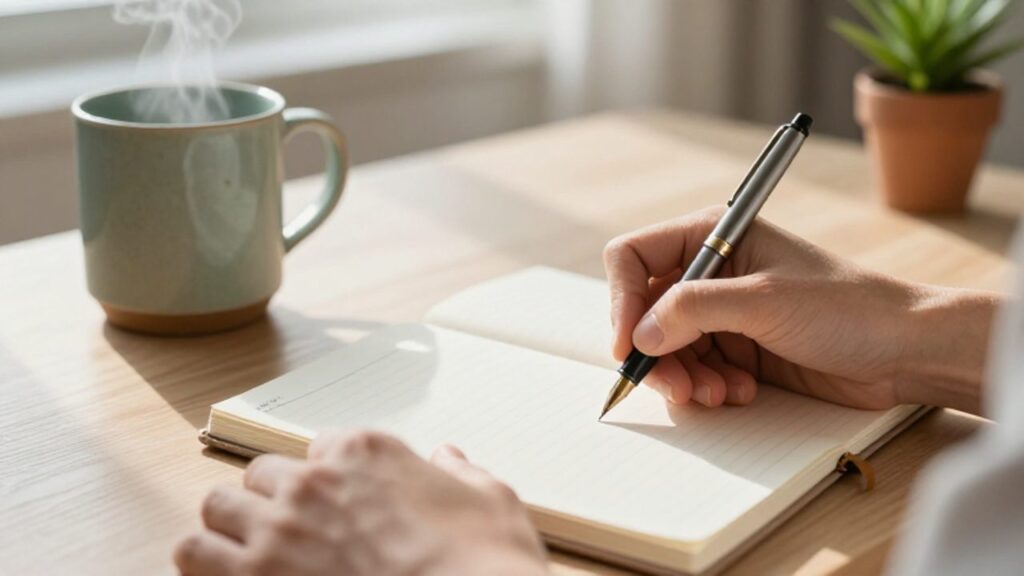 Manos escribiendo con calma en un cuaderno sobre un escritorio ordenado junto a una taza de café y una pequeña planta.
