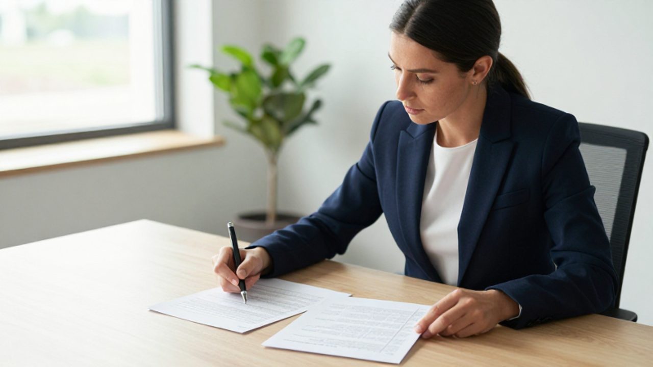 Mujer profesional analiza con calma dos conjuntos de datos distintos sobre su escritorio en una oficina luminosa.