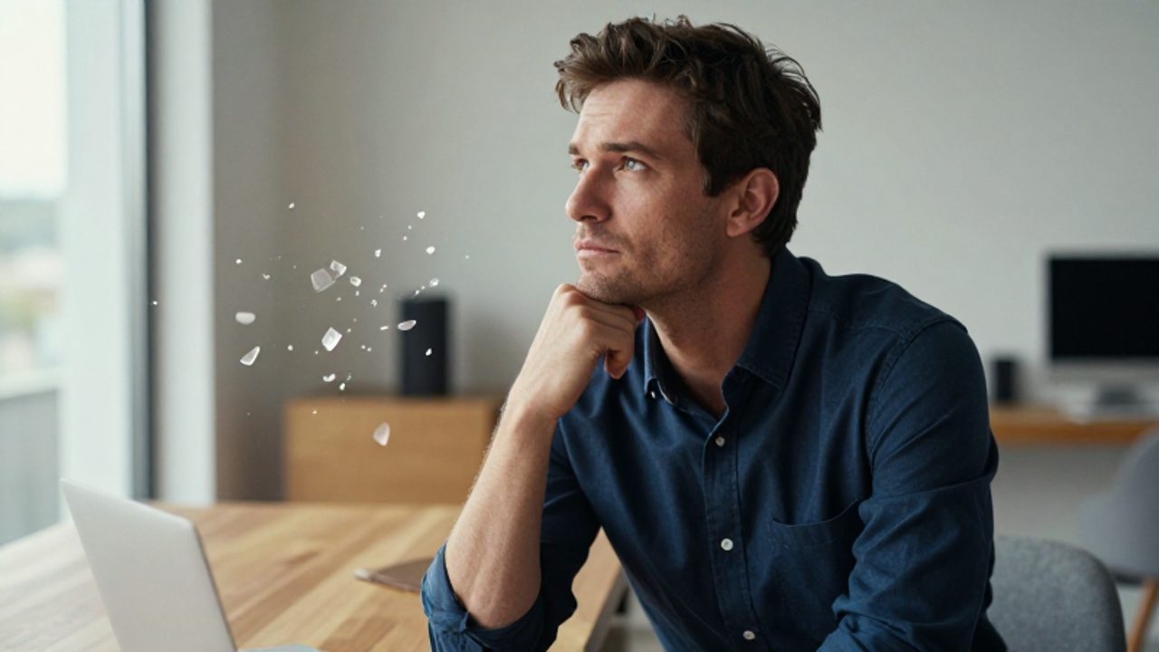 Hombre sentado en un escritorio con expresión contemplativa mientras fragmentos geométricos traslúcidos flotan a su alrededor simbolizando la memoria fragmentada.