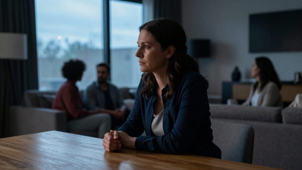 Mujer con expresión contemplativa sentada a una mesa de comedor, mientras al fondo se observa a dos familiares manteniendo una conversación tensa.