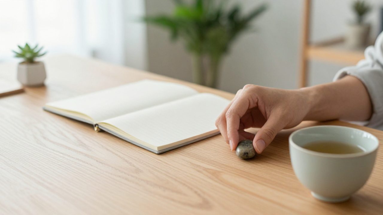 Unas manos colocan con cuidado una pequeña piedra sobre un escritorio minimalista junto a un cuaderno y una taza de té.