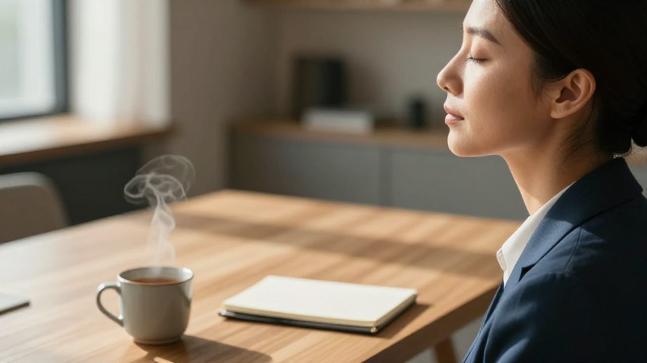Persona en un escritorio minimalista con los ojos cerrados y expresión serena mientras respira profundamente en un entorno de oficina tranquilo y luminoso.