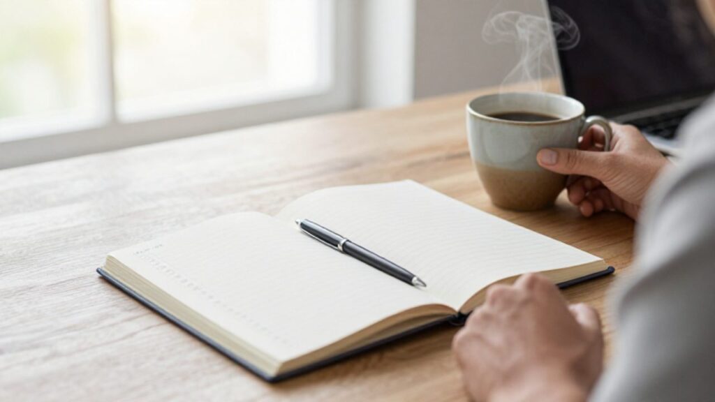 Escritorio de madera organizado con un cuaderno abierto con una lista de tareas, un bolígrafo y una taza de café bajo la luz natural de la mañana.