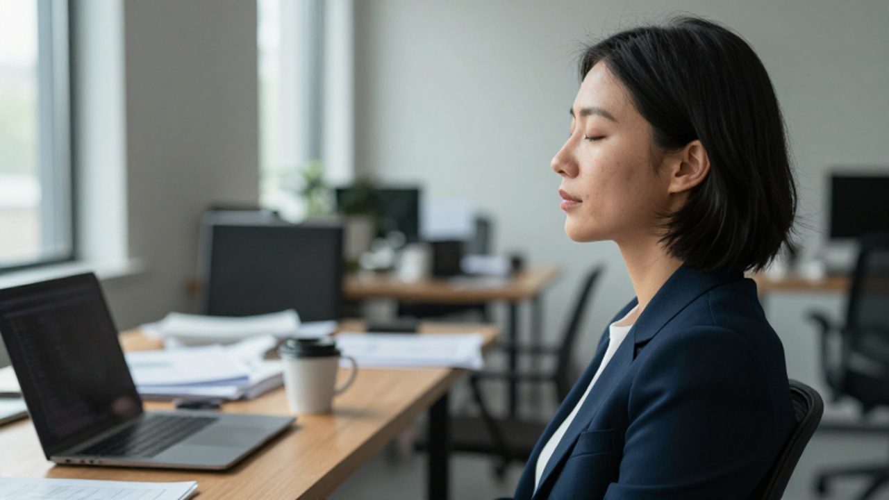 Persona con los ojos cerrados y expresión serena sentada en un escritorio de oficina con papeles y una computadora al fondo.