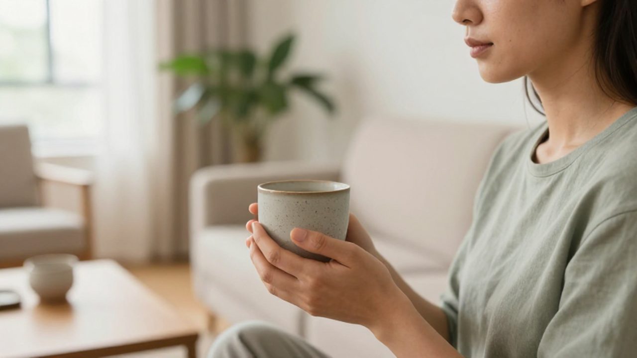 Persona sentada en una sala iluminada concentrada en el contacto táctil de sus manos con una taza de cerámica para practicar la atención plena.