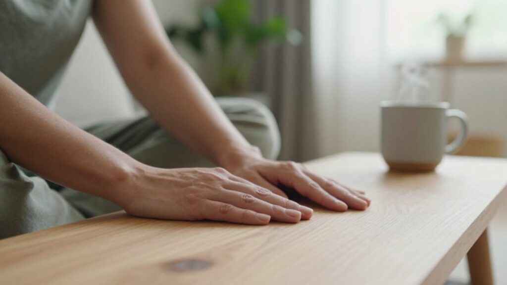 Primer plano de las manos de una persona presionando suavemente una superficie de madera natural para conectar con el tacto en un ambiente tranquilo y soleado.