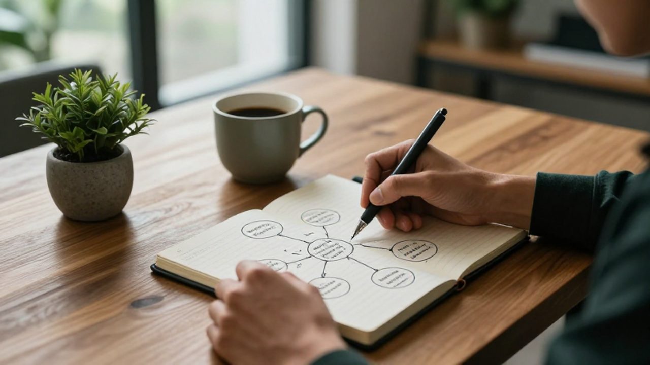 Manos de una persona dibujando un diagrama de causa raíz en un cuaderno sobre un escritorio organizado.