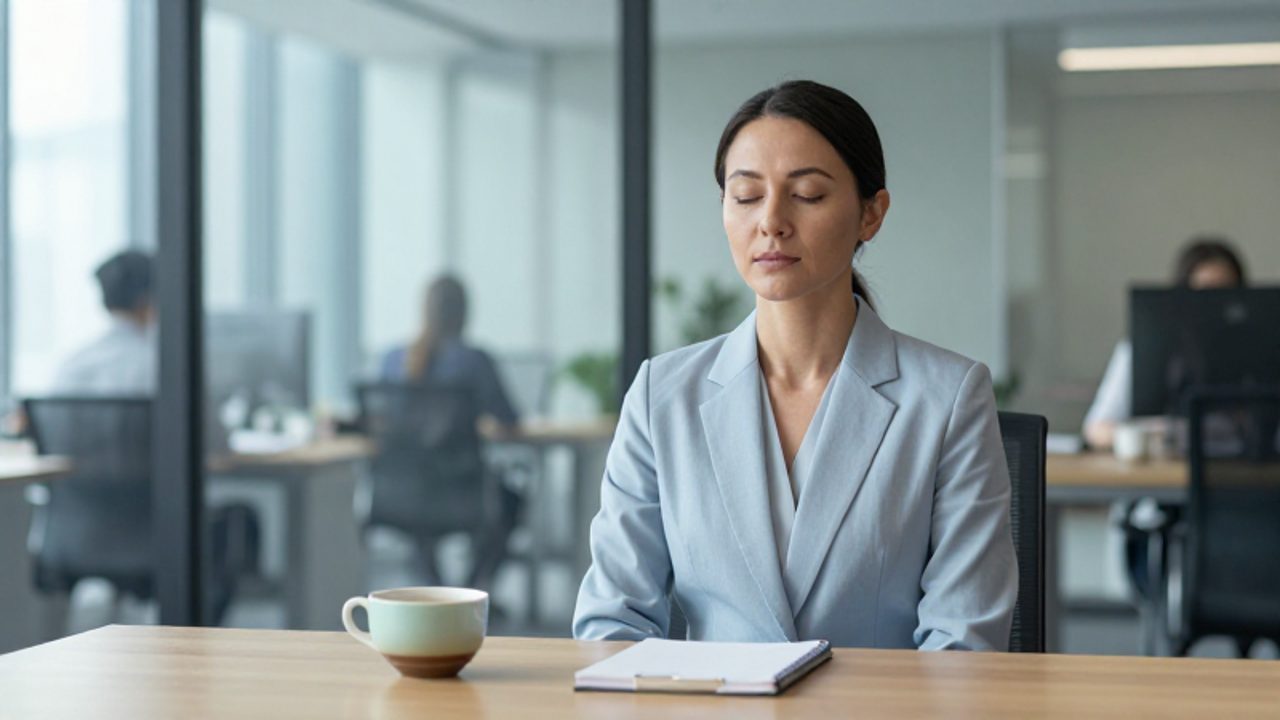 Mujer profesional sentada con calma en una oficina moderna, practicando respiración consciente para mantener el control emocional frente a un entorno laboral agitado.