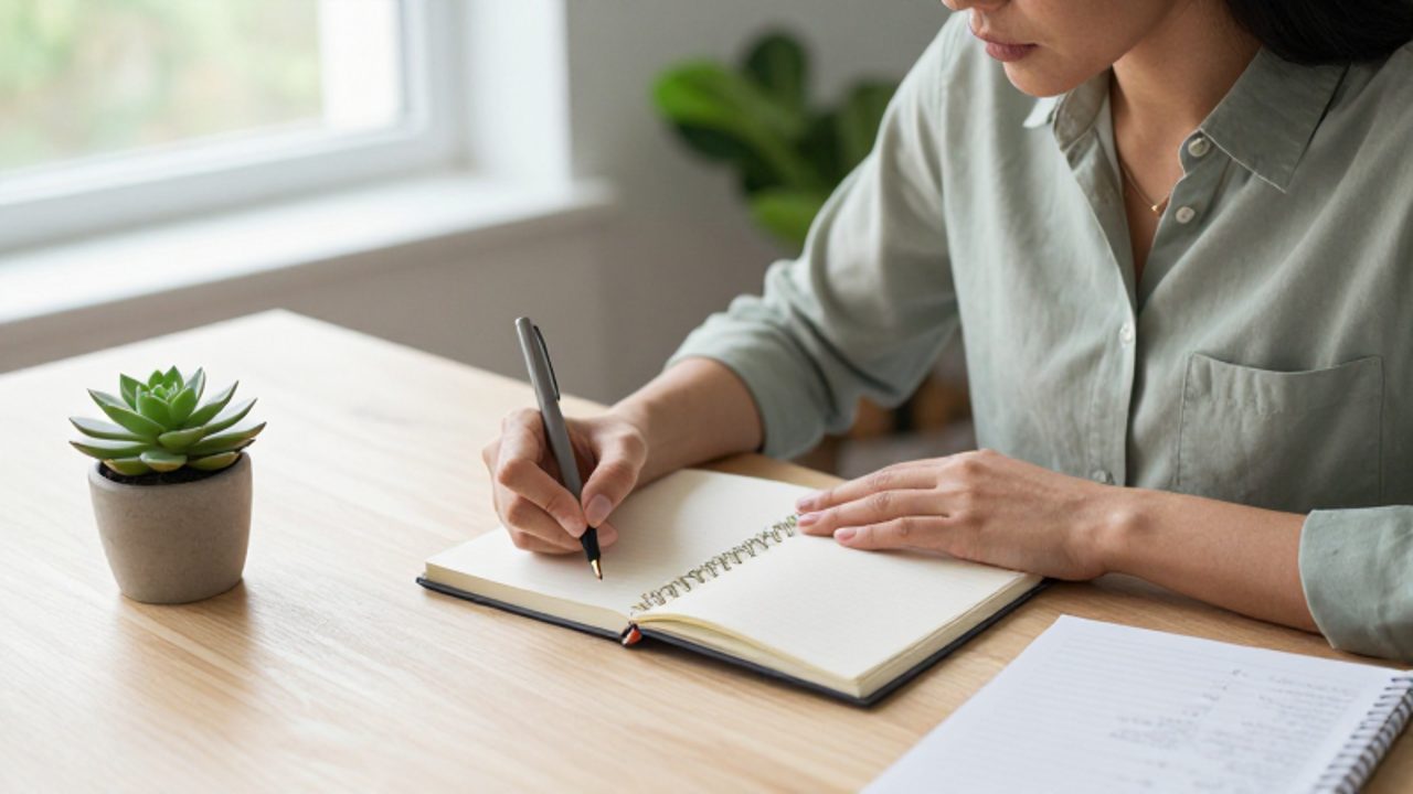 Mujer sentada en un escritorio luminoso escribiendo con calma en un diario, en un ambiente de tranquilidad y reflexión personal.