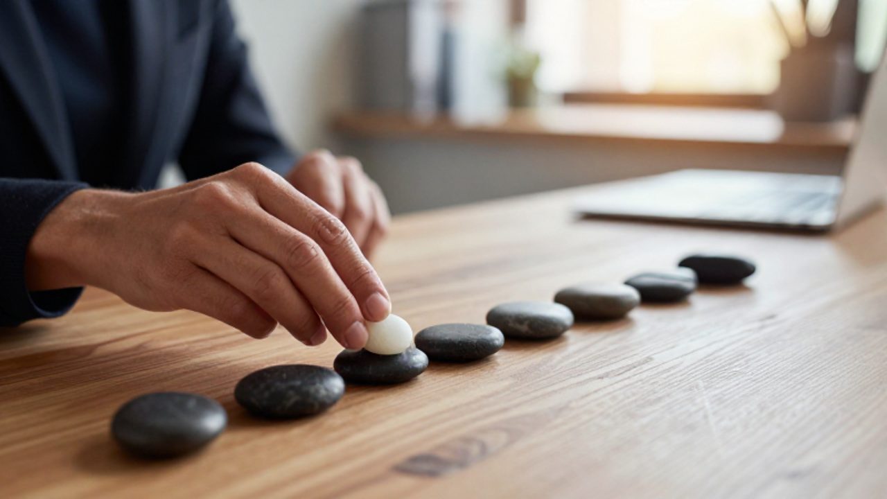 Manos de una persona colocando una piedra blanca entre una serie de piedras oscuras sobre un escritorio de madera para simbolizar la ruptura de un patrón establecido.