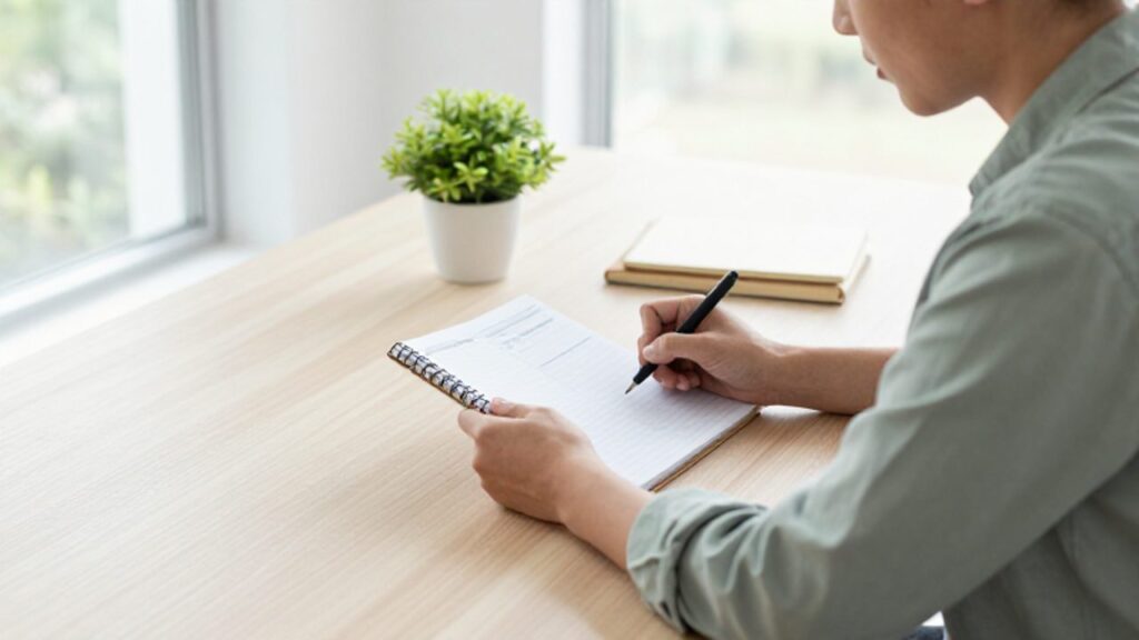 Persona sentada en un escritorio minimalista mirando con atención un nuevo planificador organizado, mientras un cuaderno viejo y desordenado queda desenfocado al fondo.