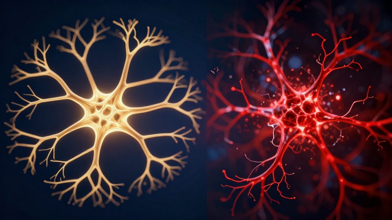 Comparativa visual entre una red de neuronas organizadas con luz dorada que representa la recuperación adaptativa y una red caótica con pulsos rojos que simboliza la plasticidad maladaptativa.