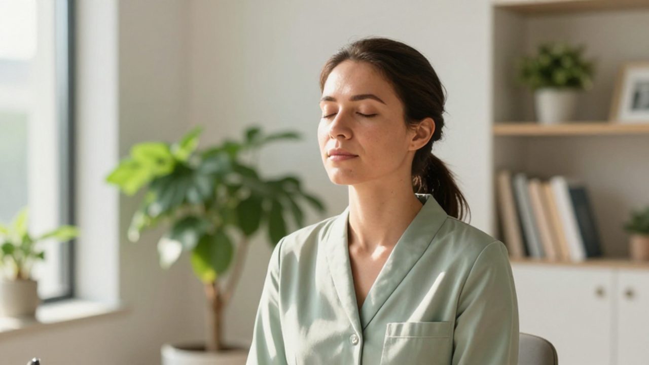 Mujer sentada en un consultorio luminoso practicando ejercicios de respiración consciente con expresión de calma.
