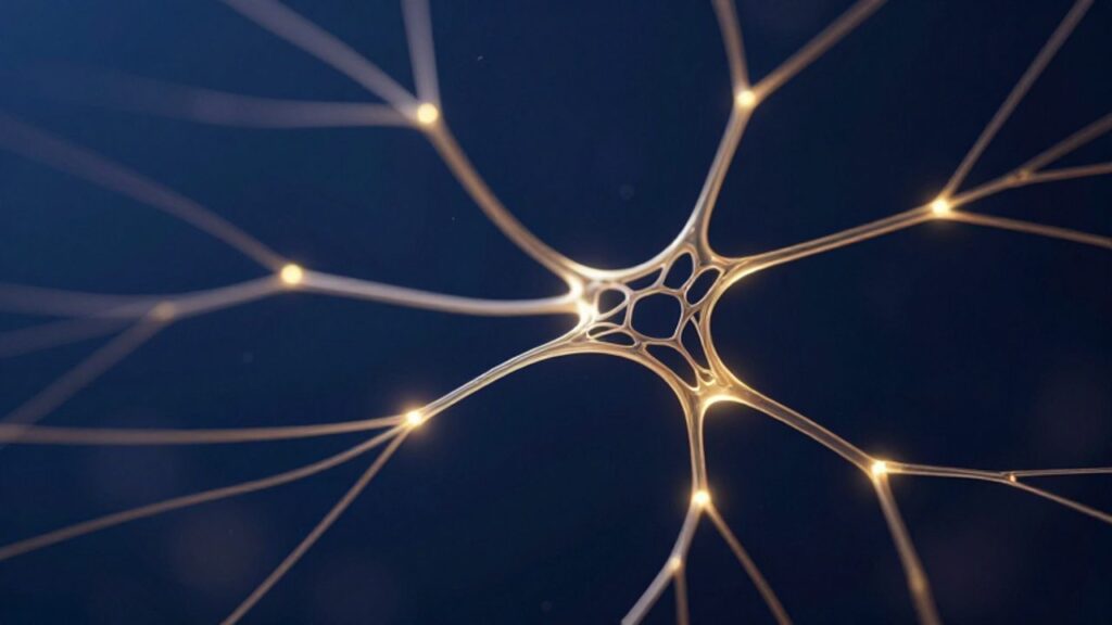 Filamentos de luz dorada que se entrelazan y ramifican como redes neuronales sobre un fondo azul oscuro para representar la conectividad y la neuroplasticidad.