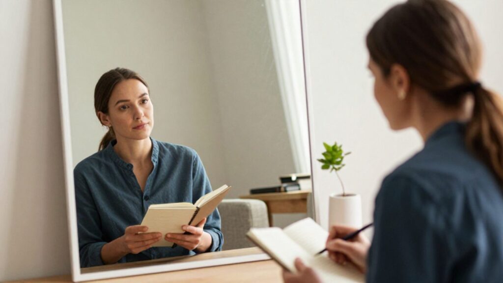 Una persona sentada en un estudio iluminado observa su reflejo en un espejo mientras sostiene un cuaderno para realizar un ejercicio de autorreflexión.