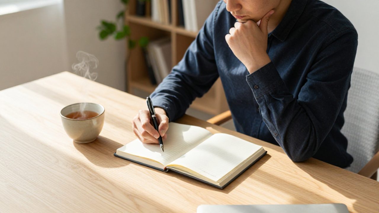 Persona sentada en un escritorio iluminado escribiendo en un diario con calma, reflejando un momento de introspección y reflexión personal.