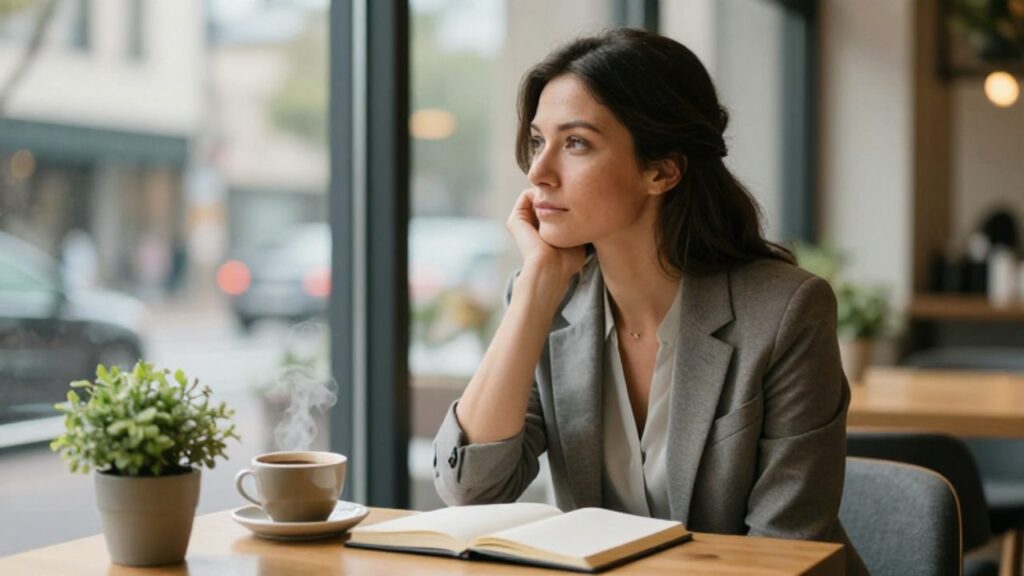 Mujer sentada en una cafetería luminosa con un diario sobre la mesa, con expresión pensativa y reflexiva.