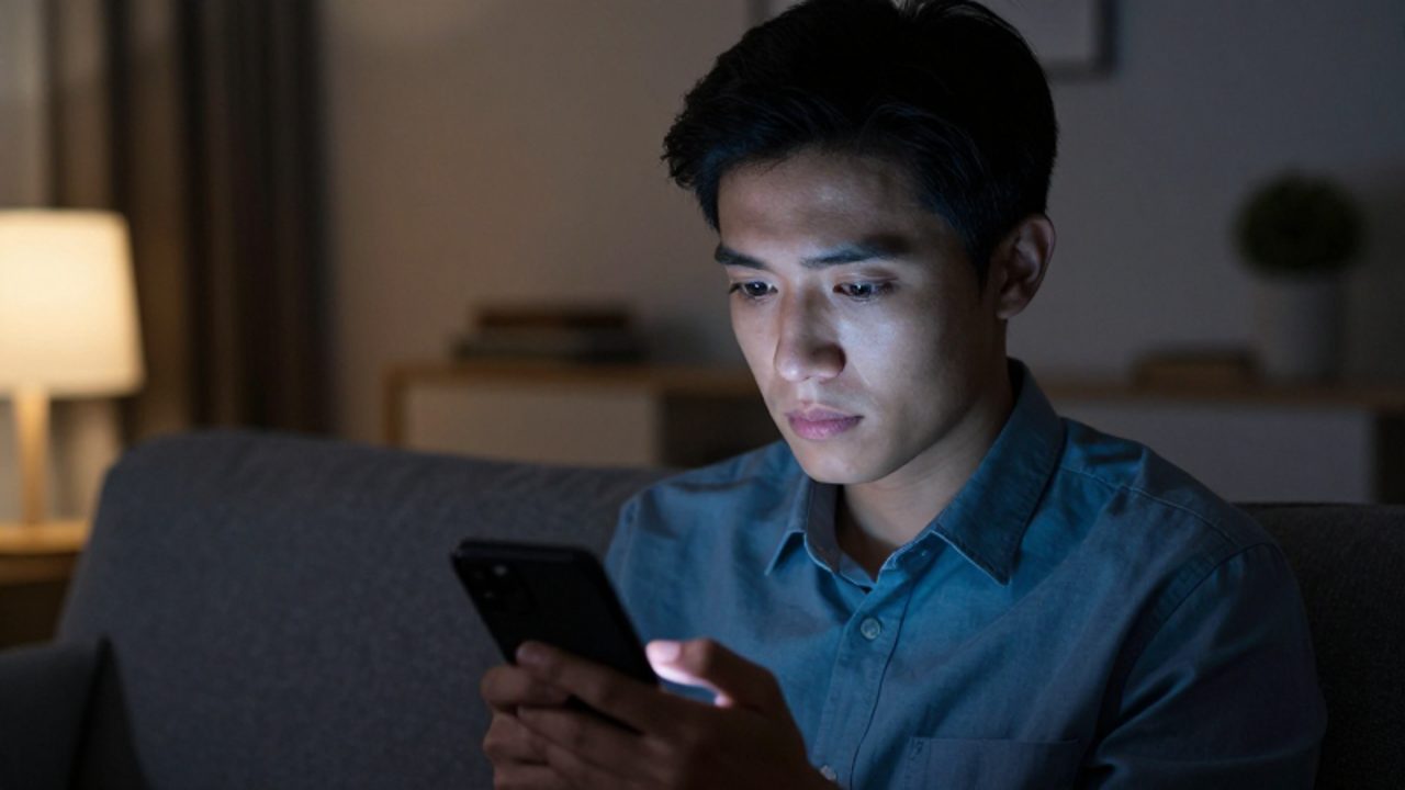 Persona joven con expresión de cansancio contemplando la luz de su teléfono móvil en una sala de estar oscura.