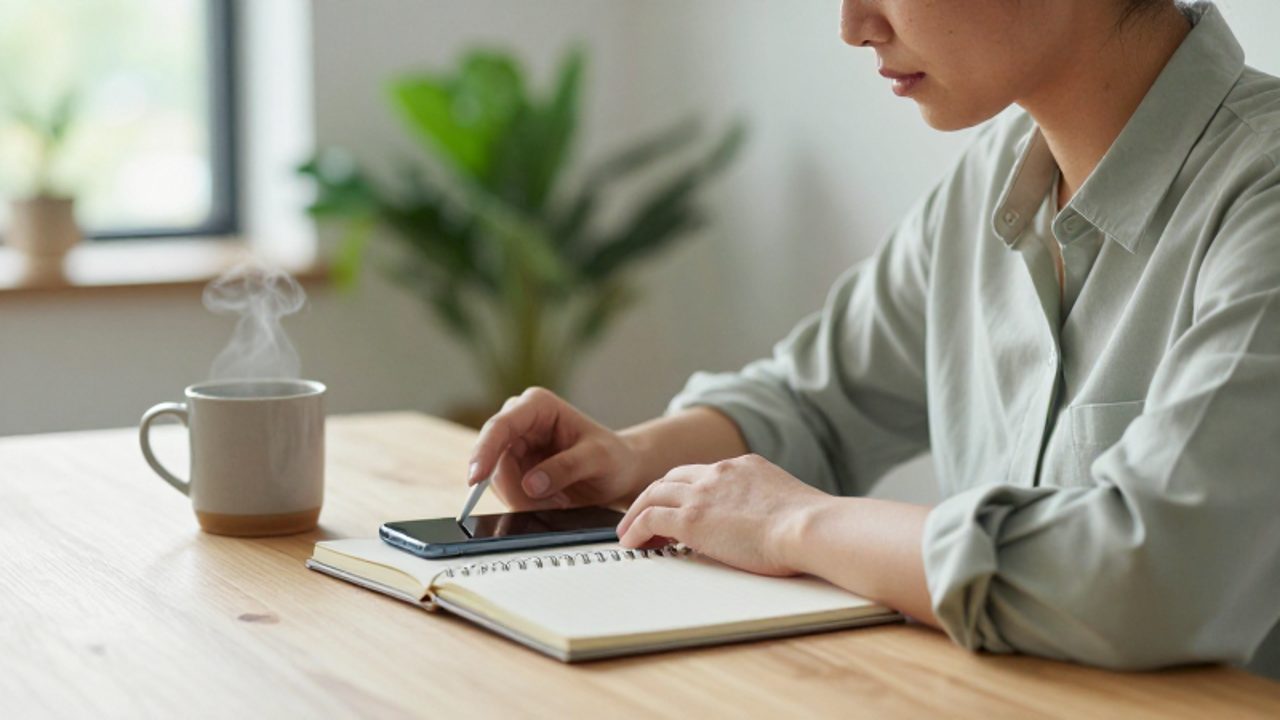 Persona en un escritorio luminoso que deja un smartphone boca abajo para concentrarse en un cuaderno, transmitiendo calma y desconexión digital.
