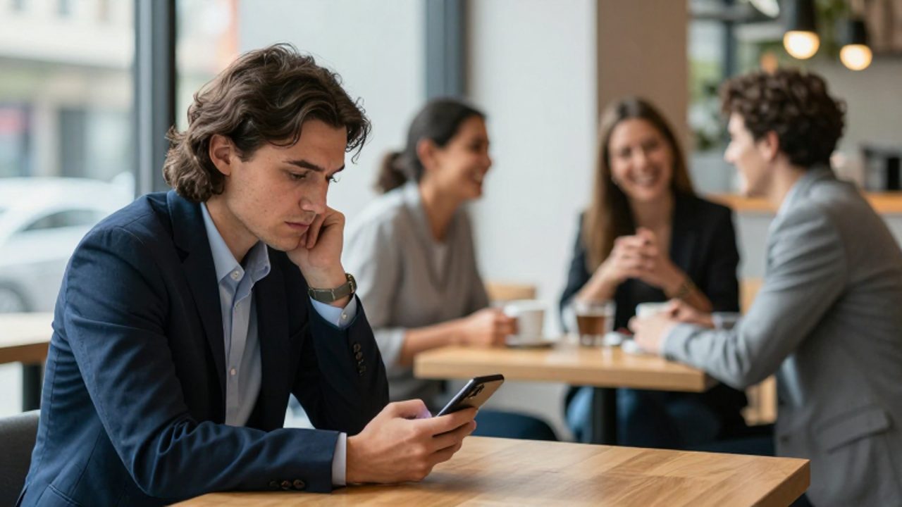 Un profesional sentado solo en una cafetería moderna mira su smartphone con expresión melancólica mientras, al fondo, otras personas interactúan alegremente.