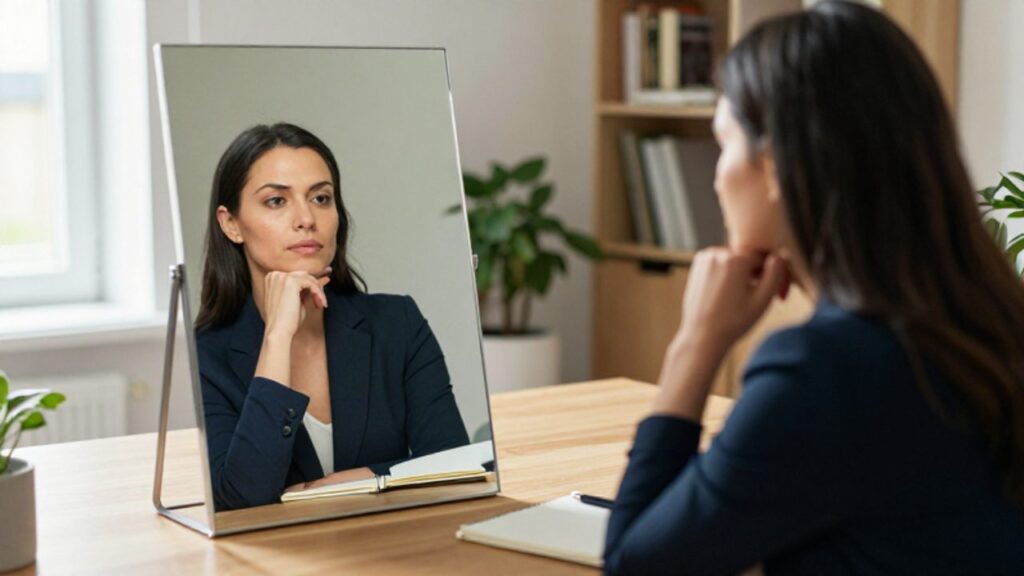 Mujer sentada en su escritorio mirando un espejo que muestra una imagen fragmentada y distorsionada de su propio reflejo.