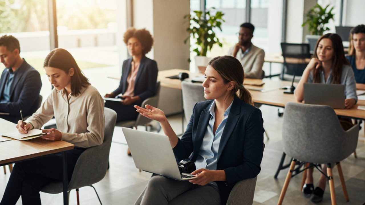 Personas diversas trabajando en un espacio de oficina luminoso, realizando distintas actividades que reflejan diferentes estilos de personalidad y formas de interacción.