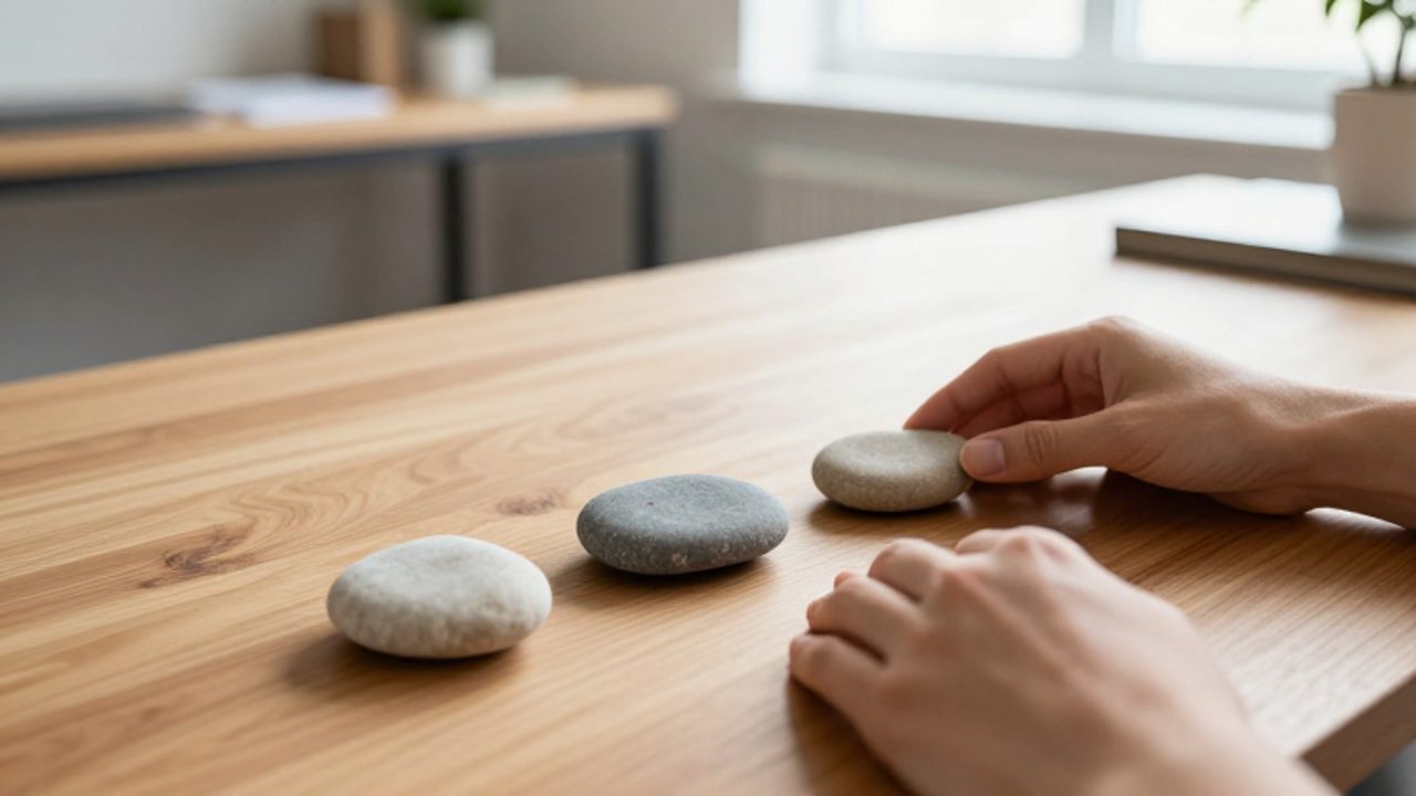 Manos de una persona organizando piedras de río de distintas formas y tamaños sobre un escritorio de madera, buscando un equilibrio fluido.