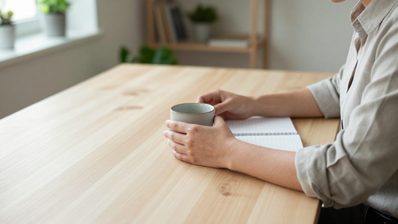 Persona sentada en un escritorio de madera, concentrada y con las manos apoyadas sobre una taza, en un entorno de trabajo luminoso y despejado.