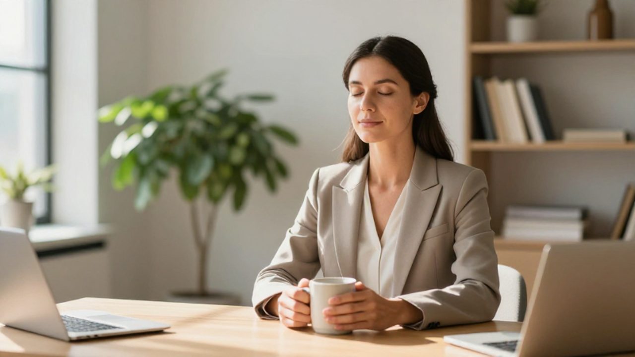 Mujer profesional sentada en un escritorio luminoso con los ojos cerrados y expresión serena, practicando un momento de calma en su oficina.